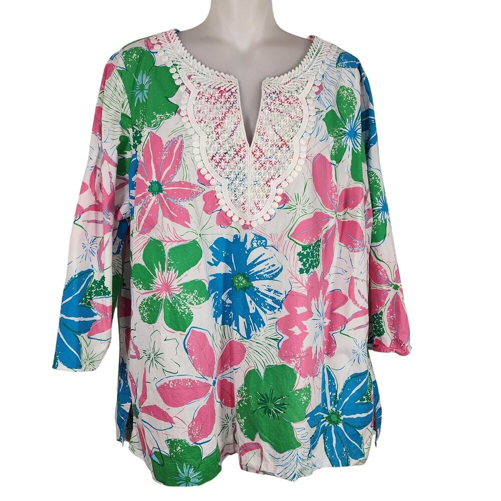 Talbots Women Lace Bib Tunic Top Anguilla Floral Popover Split Neck XL 3/4 Slv